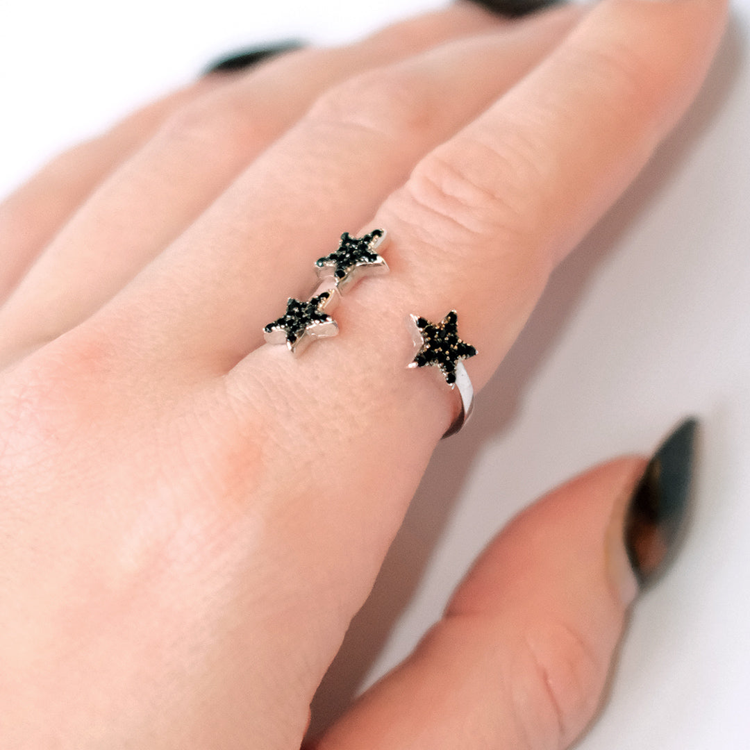 sterling silver and black diamante star ring, angel rocks
