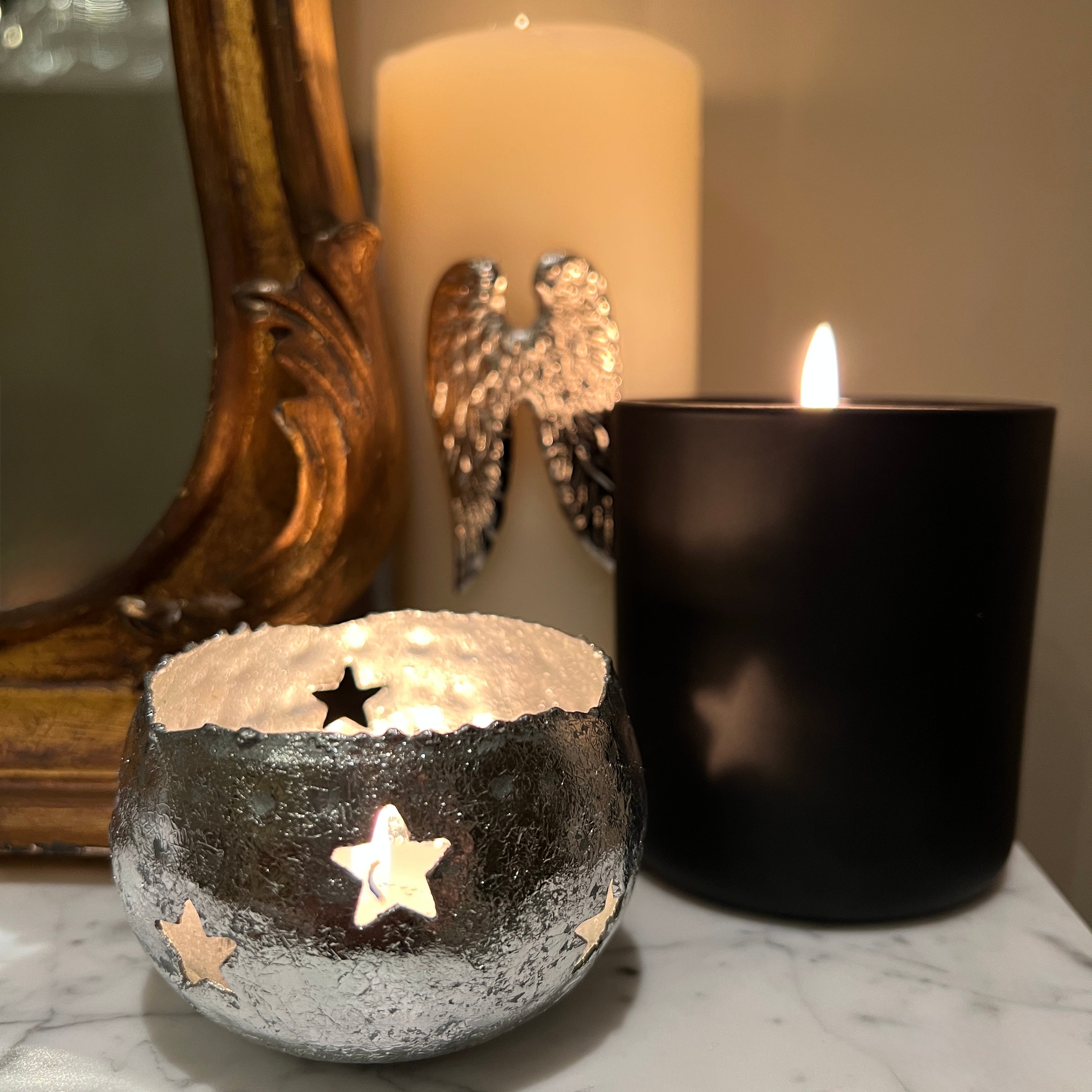 Medium black glass “This Girl Rocks” scented candle with moonstone crystal, wild lemongrass jasmine and lime fragrance by Angel Rocks