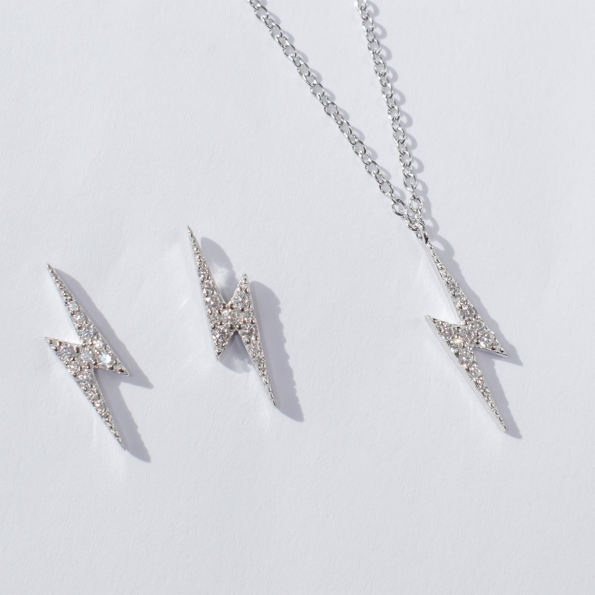 Sterling silver diamante lightning bolt stud earrings and necklace set, Angel Rocks