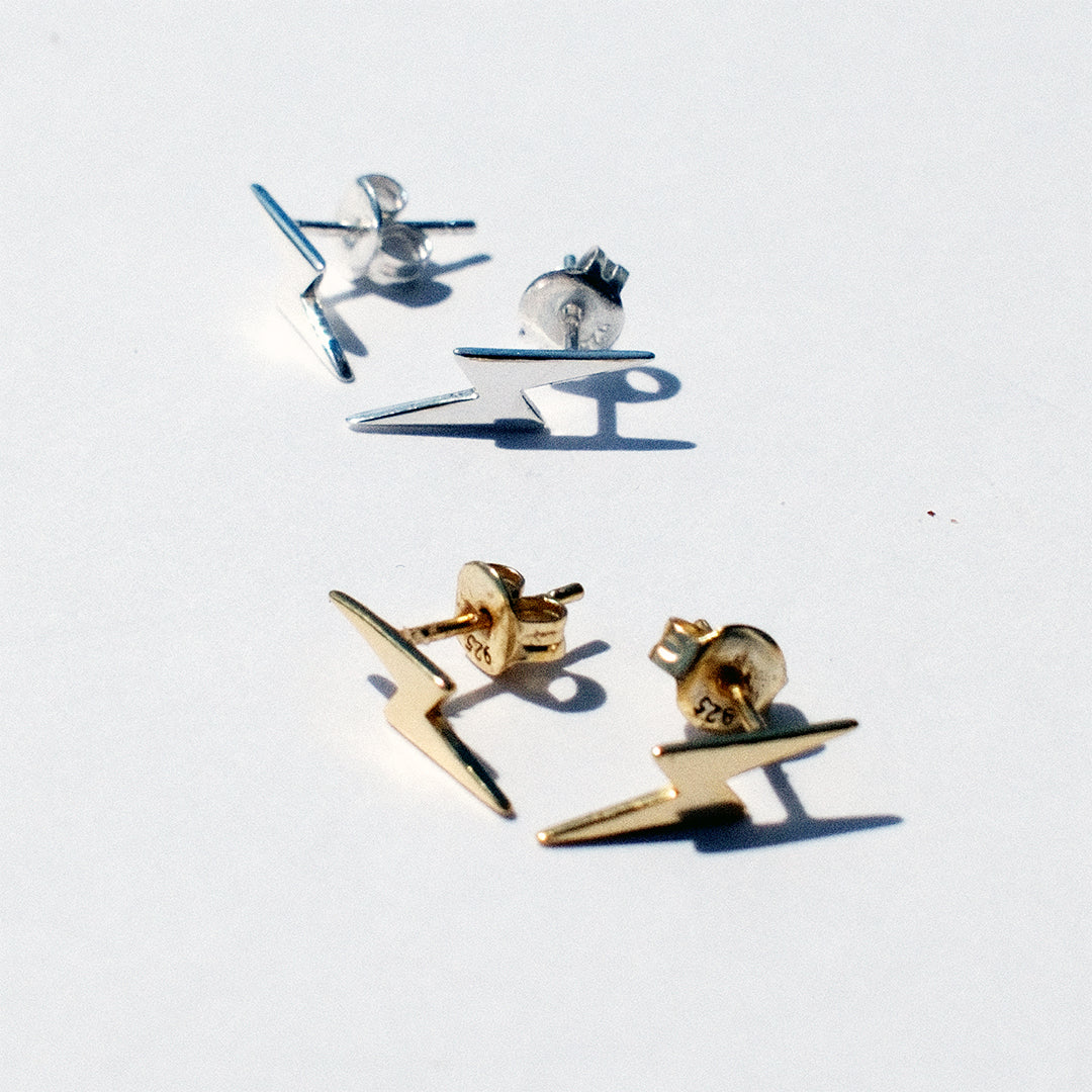 18kt Gold plated sterling silver lightning bolt stud earring, Angel Rocks