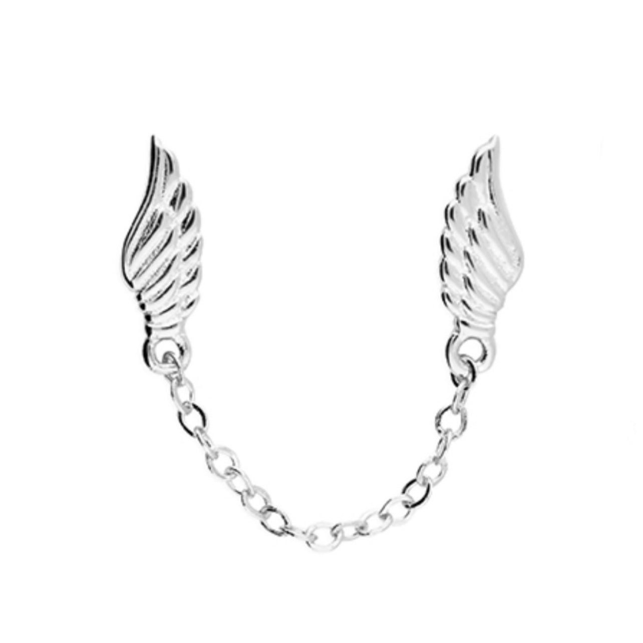 Sterling silver double wing chain stud earrings designed for multiple piercings with delicate connecting chain by Angel Rocks