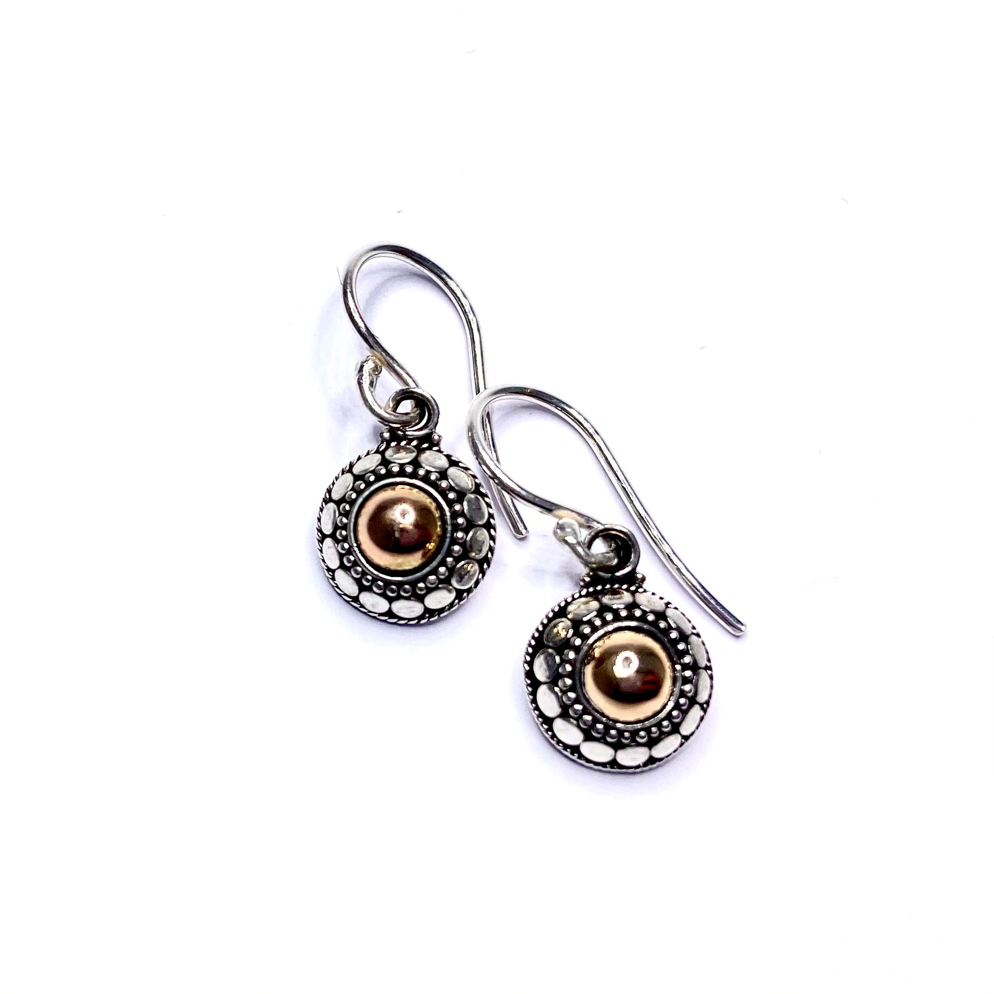 Sterling silver drop earrings with 18k rose gold dot detail, small delicate dangly earrings, Angel Rocks