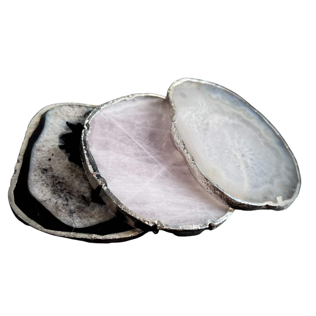 Clear Quartz Coaster silver edge