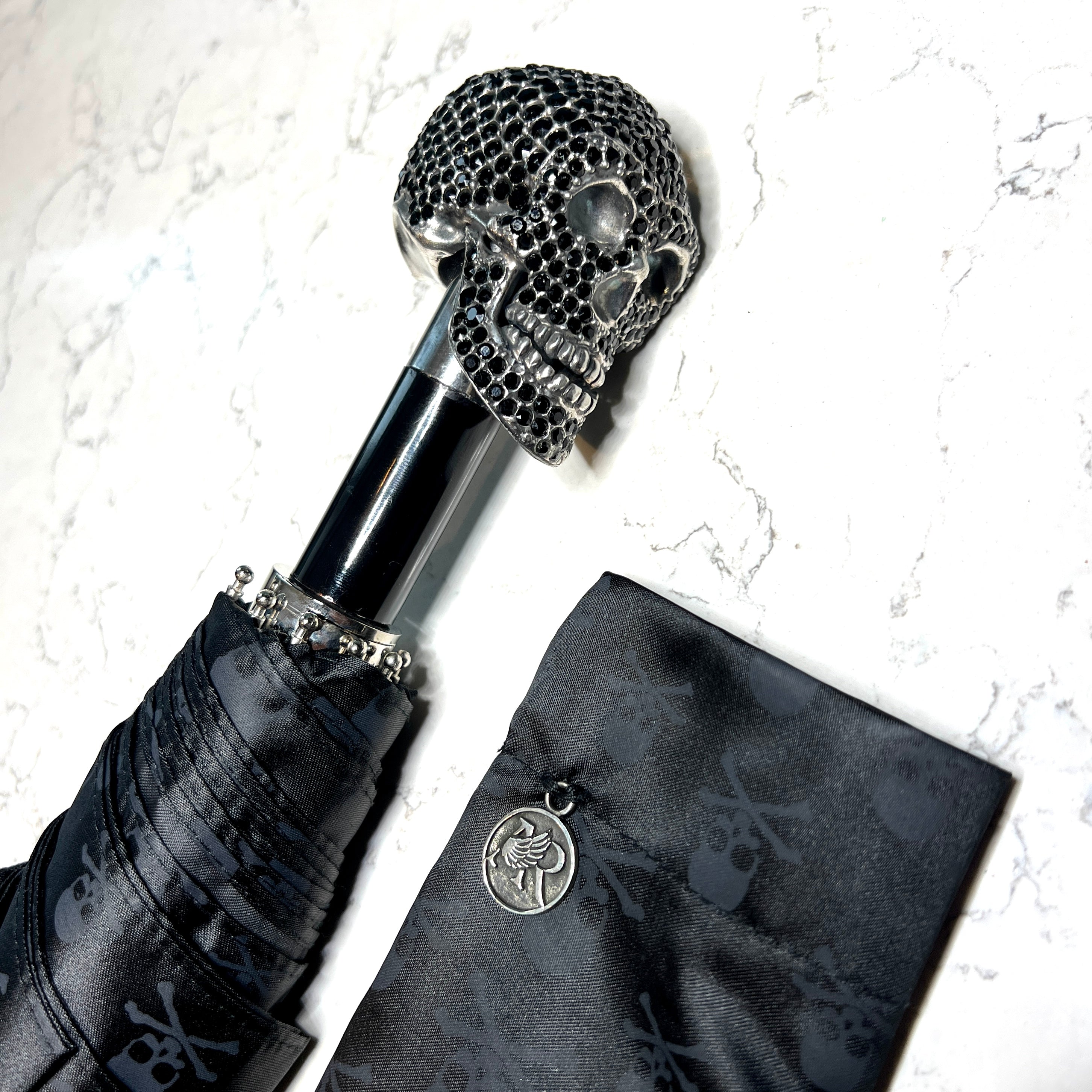 Black Diamante skulls print folding umbrella