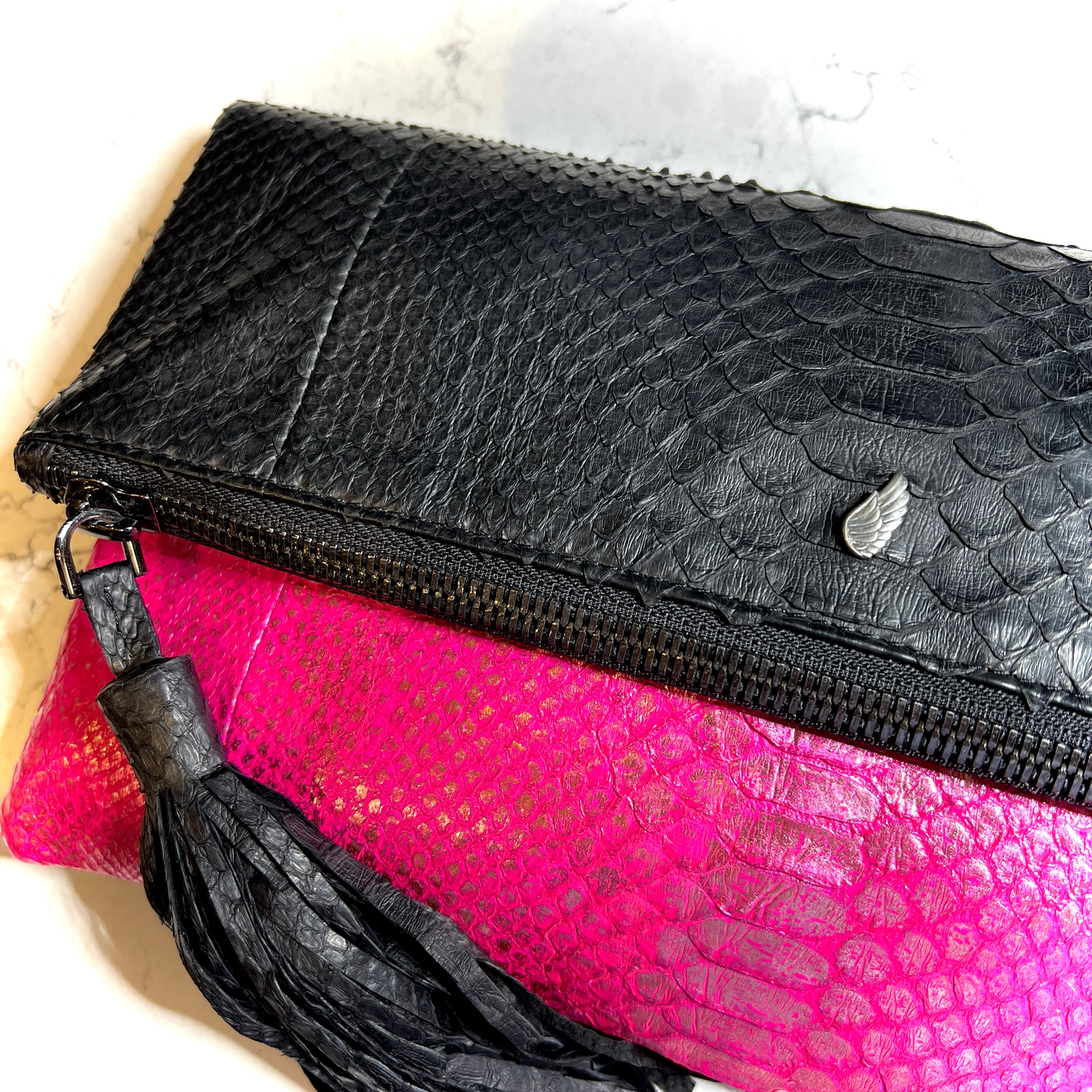 Fold-over Clutch Bag Black & Pink Metallic