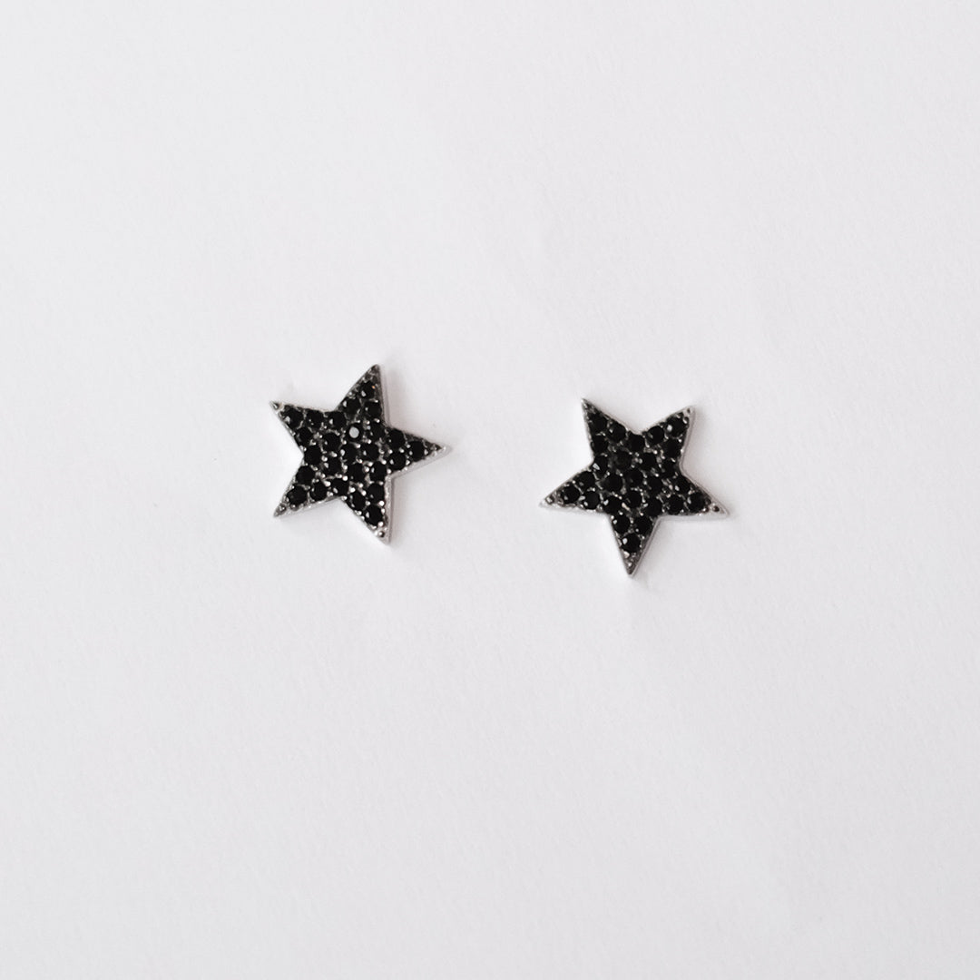 Sterling silver black cubic zirconia star stud earrings with butterfly back fastening by Angel Rocks