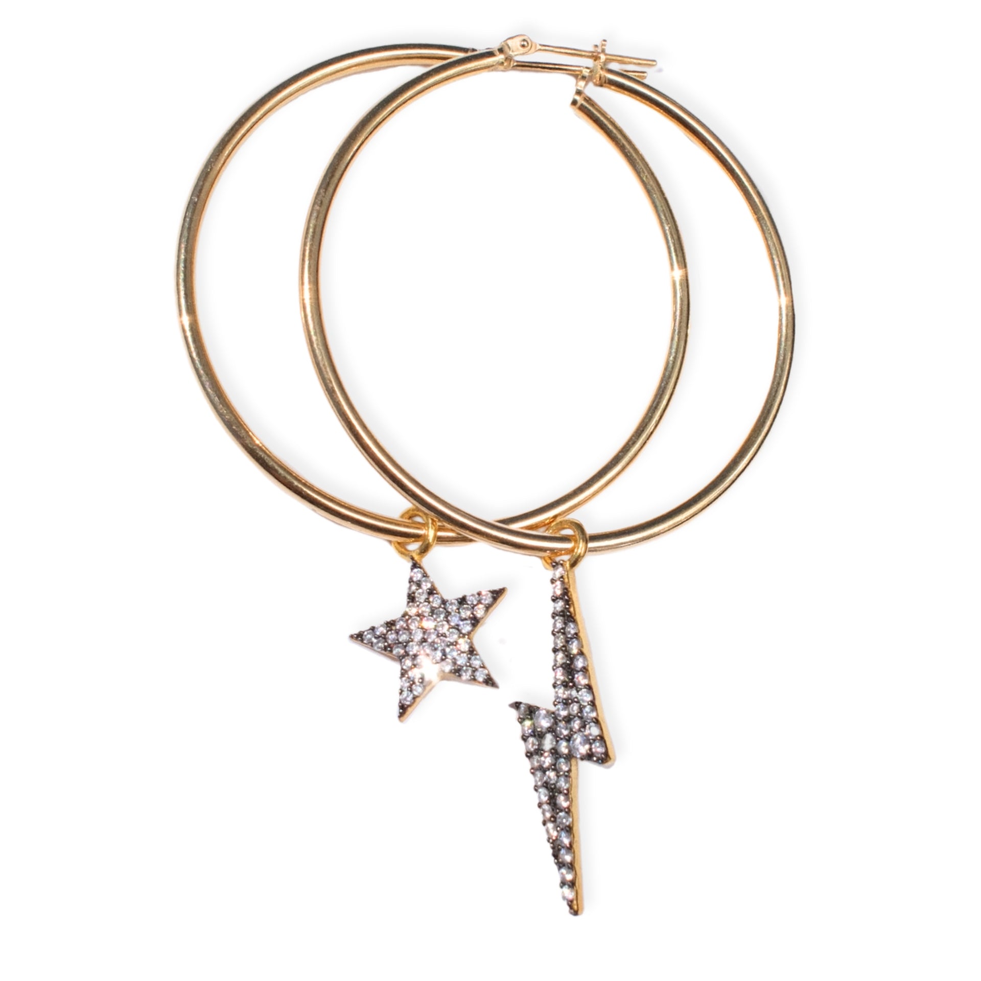 18kt gold plated sterling silver Bowie hoop earrings with detachable cosmic grey diamanté star and lightning bolt charms in mixed metal finish by Angel Rocks