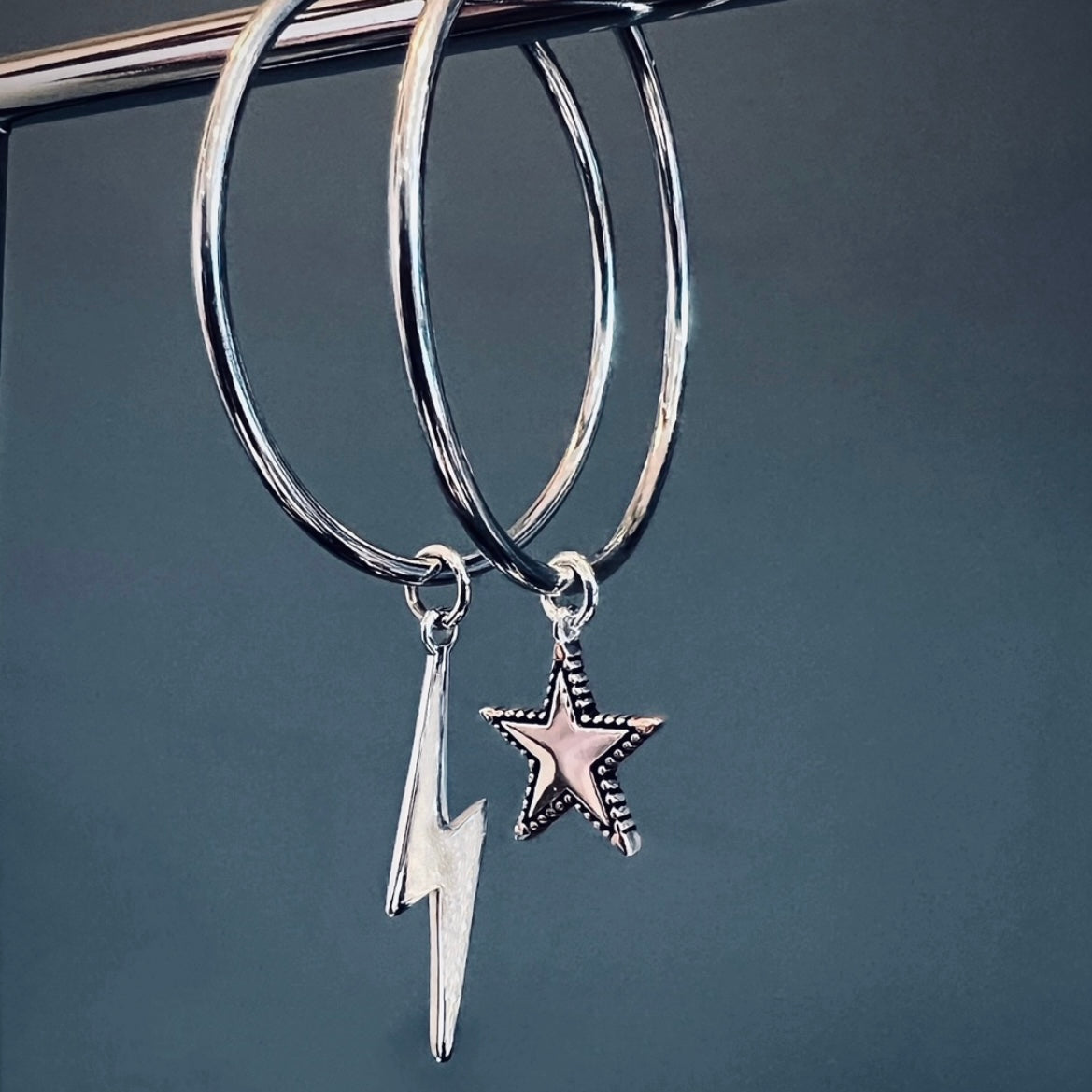 Large sterling silver hoop earrings with star and lightning bolt charms, statement jewellery, Angel Rocks