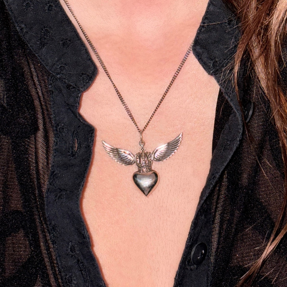 Sterling silver Divine Heart necklace with angel wings and crown pendant on adjustable snake chain, statement jewellery by Angel Rocks