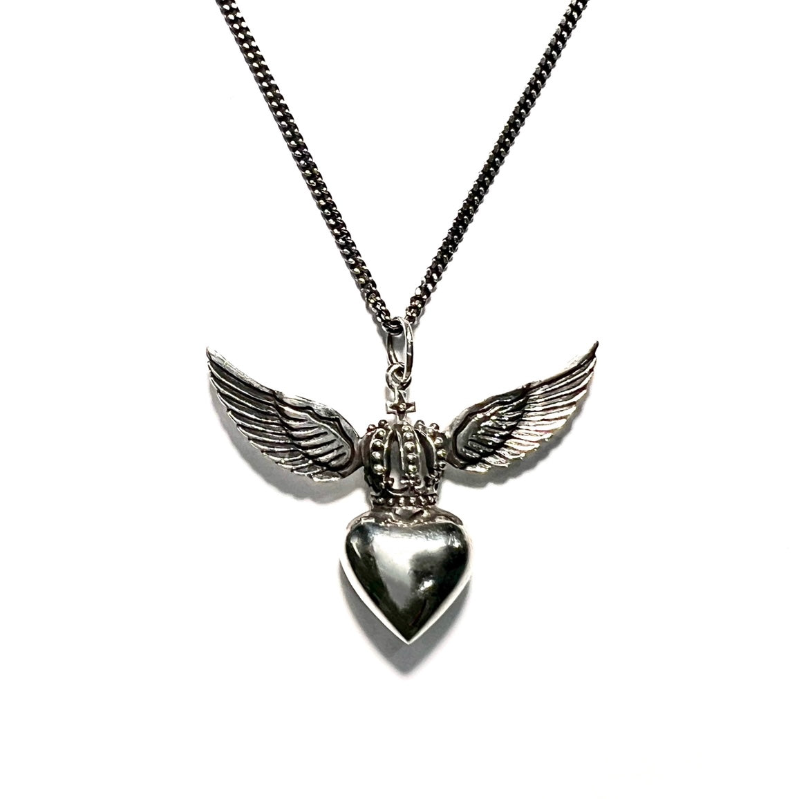 Sterling silver Divine Heart necklace with angel wings and crown pendant on adjustable snake chain, statement jewellery by Angel Rocks