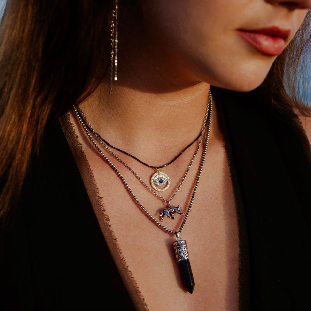 Black Onyx goddess necklace with crystal point pendant set in sterling silver and 18kt rose gold on chunky chain, statement healing jewellery by Angel Rocks