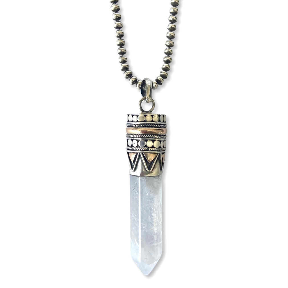 Clear quartz goddess necklace with rock crystal point pendant set in sterling silver and 18kt rose gold on chunky chain, statement healing jewellery by Angel Rocks