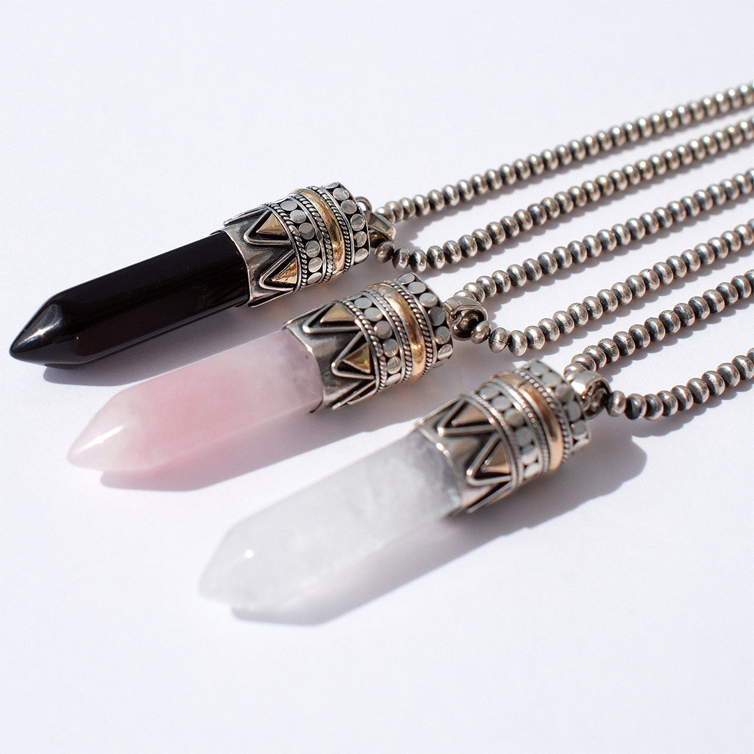 Crystal goddess necklace with rock crystal, black onyx, rose quartz, point pendant set in sterling silver and 18kt rose gold on chunky chain, statement healing jewellery by Angel Rocks