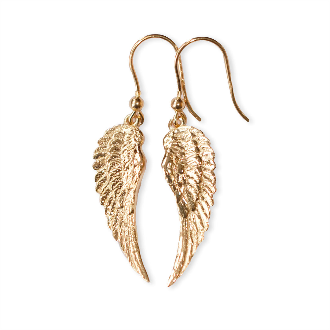 Pair of 18kt gold plated sterling silver angel wing earrings, handmade wing design by Angel Rocks