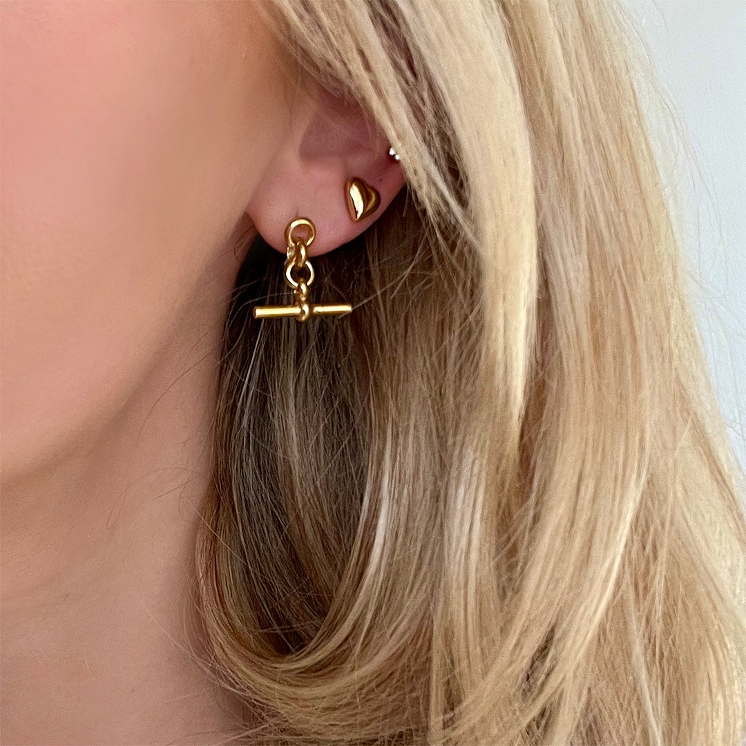 18kt gold plated sterling silver chain link earrings with T-bar drop detail, modern statement design by Angel Rocks