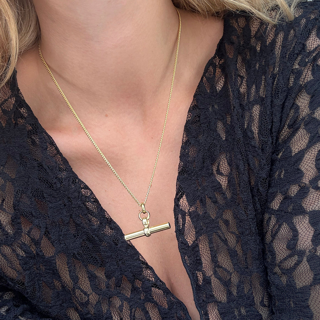 18kt gold plated sterling silver T-bar necklace on fine curb chain, classic statement jewellery by Angel Rocks