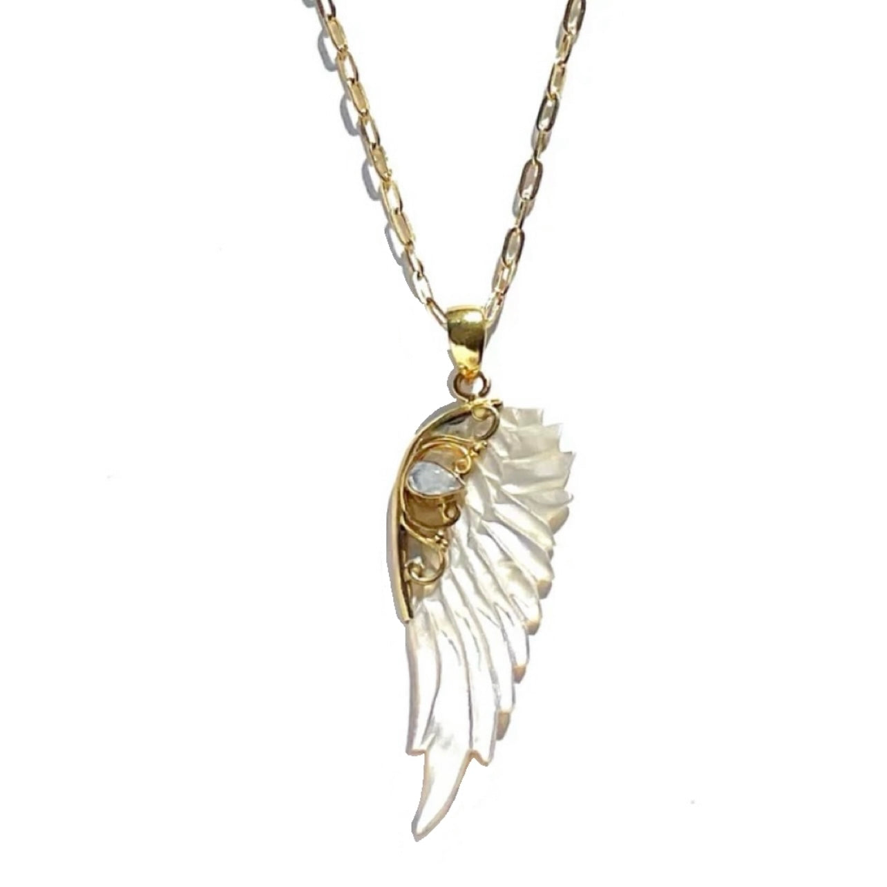 Gold hand carved wing necklace with mother of pearl pendant and moonstone detail on 18kt gold plated sterling silver chain, statement jewellery by Angel Rocks