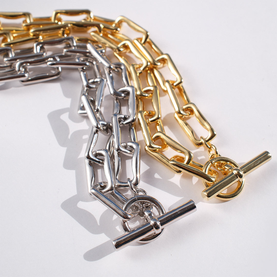 18kt gold plated sterling silver chunky chain link necklace with T-bar closure and gothic statement design by Angel Rocks