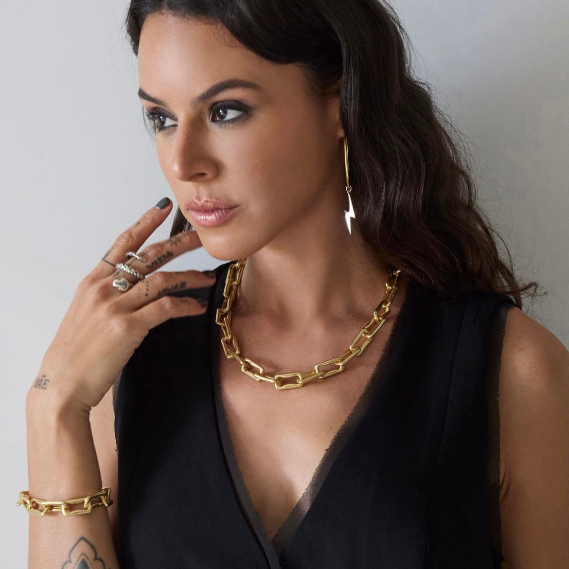 18kt gold plated sterling silver chunky chain link necklace with T-bar closure and gothic statement design by Angel Rocks