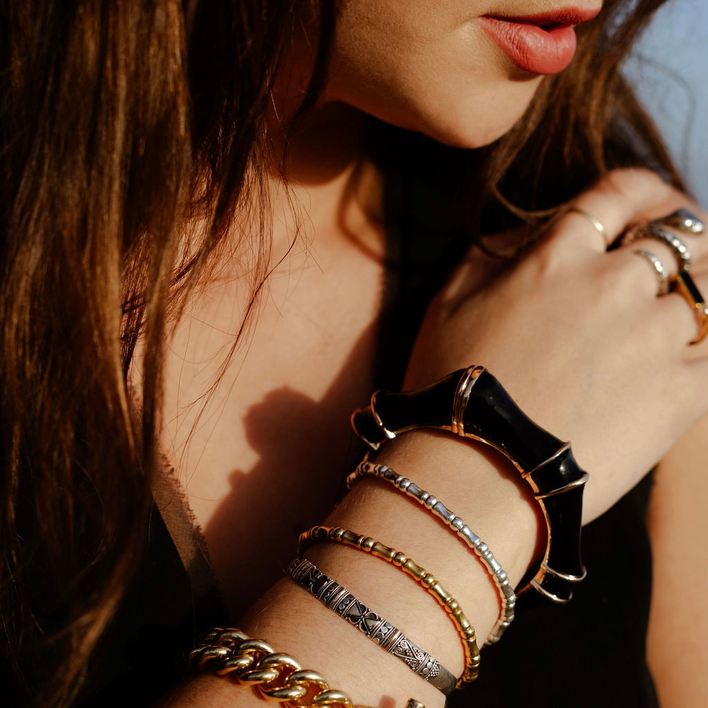 18kt gold plated sterling silver mini bones stretch bracelet, stackable design bracelet for layered styling by Angel Rocks