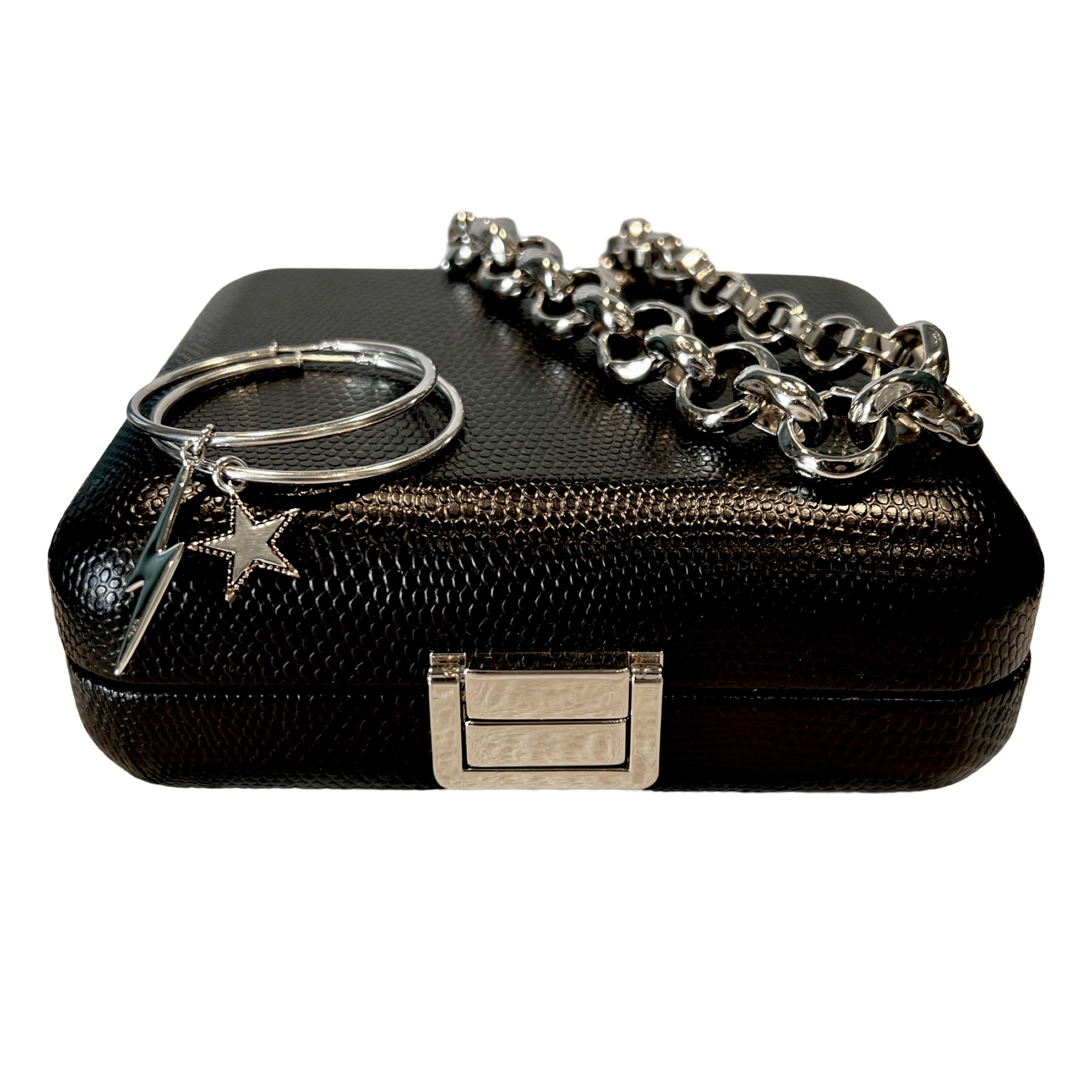 Luxury black vegan leather jewellery box with soft suede interior and compact travel design, including coin purse for storage by Angel Rocks