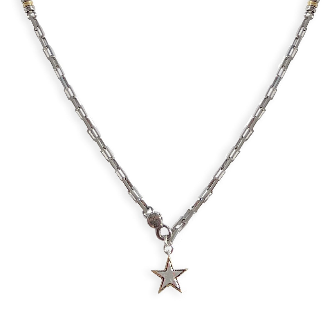 Rock Star lariat necklace with sterling silver chain, gold-edged star charm and adjustable long chain detail by Angel Rocks