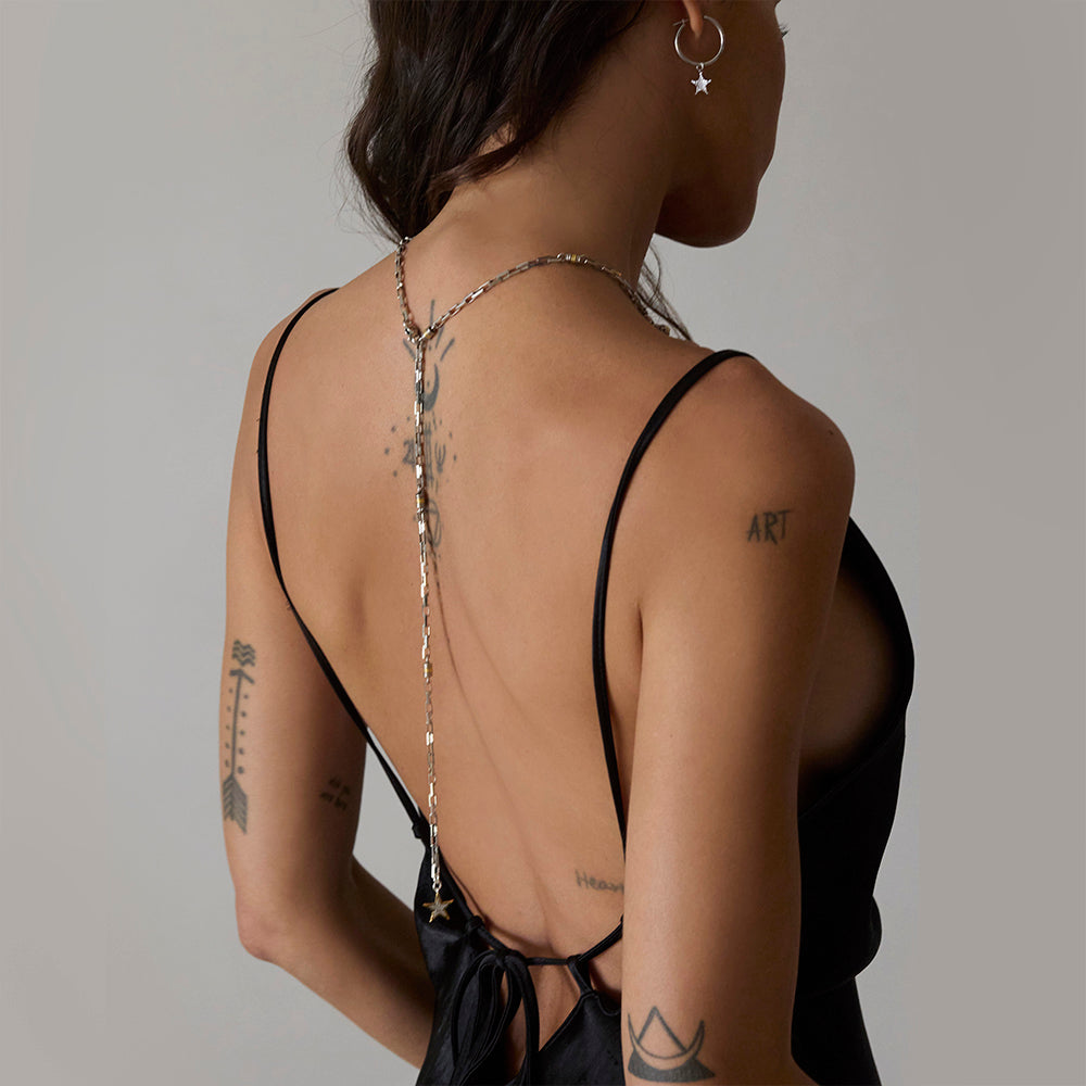 Rock Star lariat necklace with sterling silver chain, gold-edged star charm and adjustable long chain detail by Angel Rocks