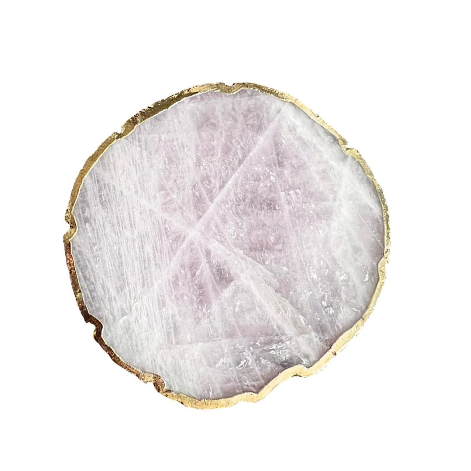 Rose quartz crystal coaster with gold edge detail, used as a candle stand or drinks mat by Angel Rocks