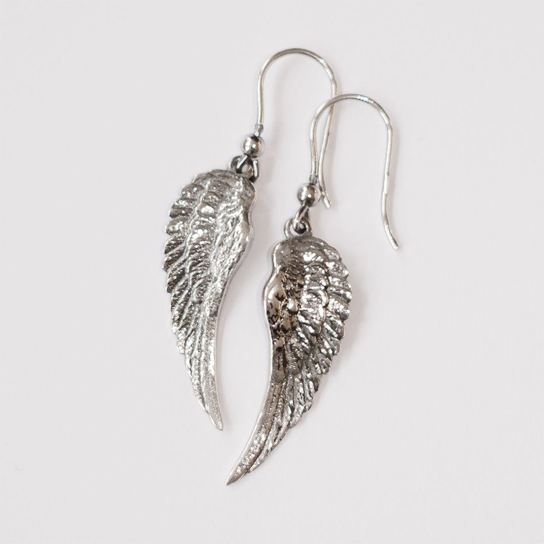 Pair of sterling silver angel wing earrings, handmade wing design by Angel Rocks