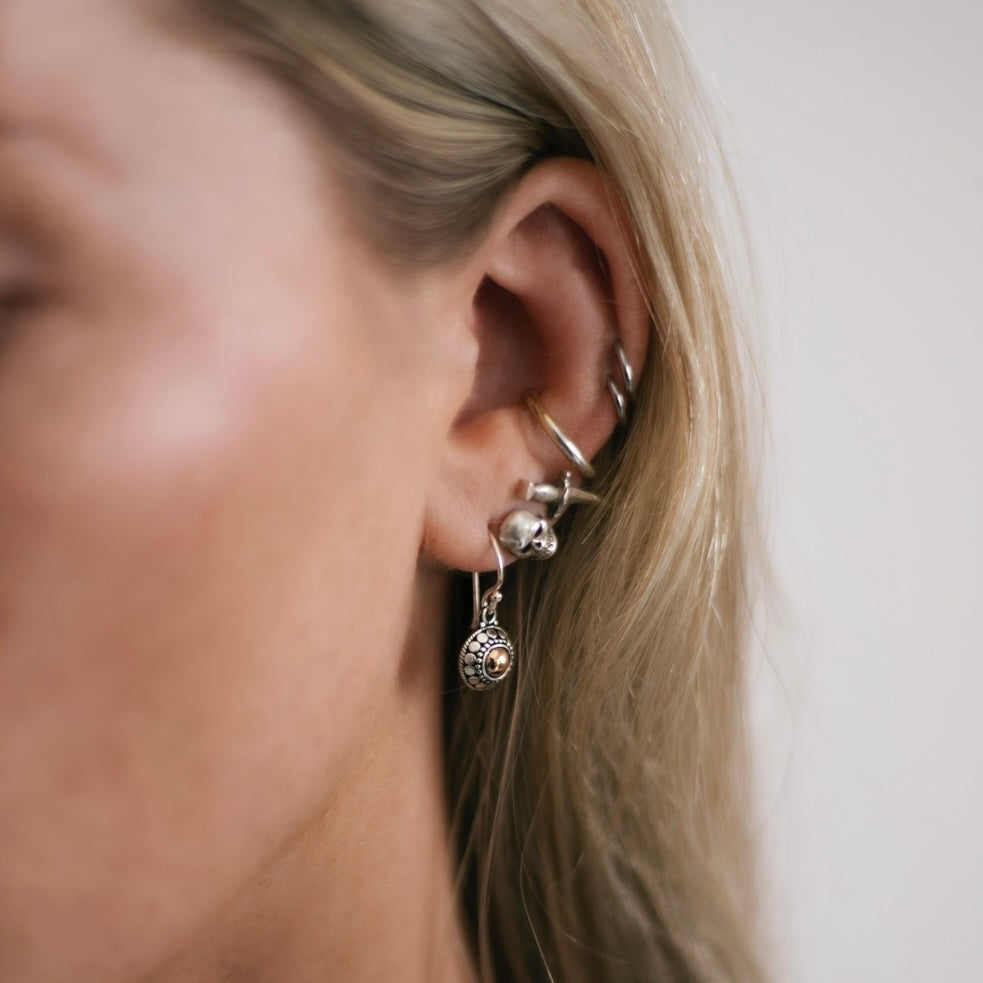 Sterling silver drop earrings with 18k rose gold dot detail, small delicate dangly earrings, Angel Rocks