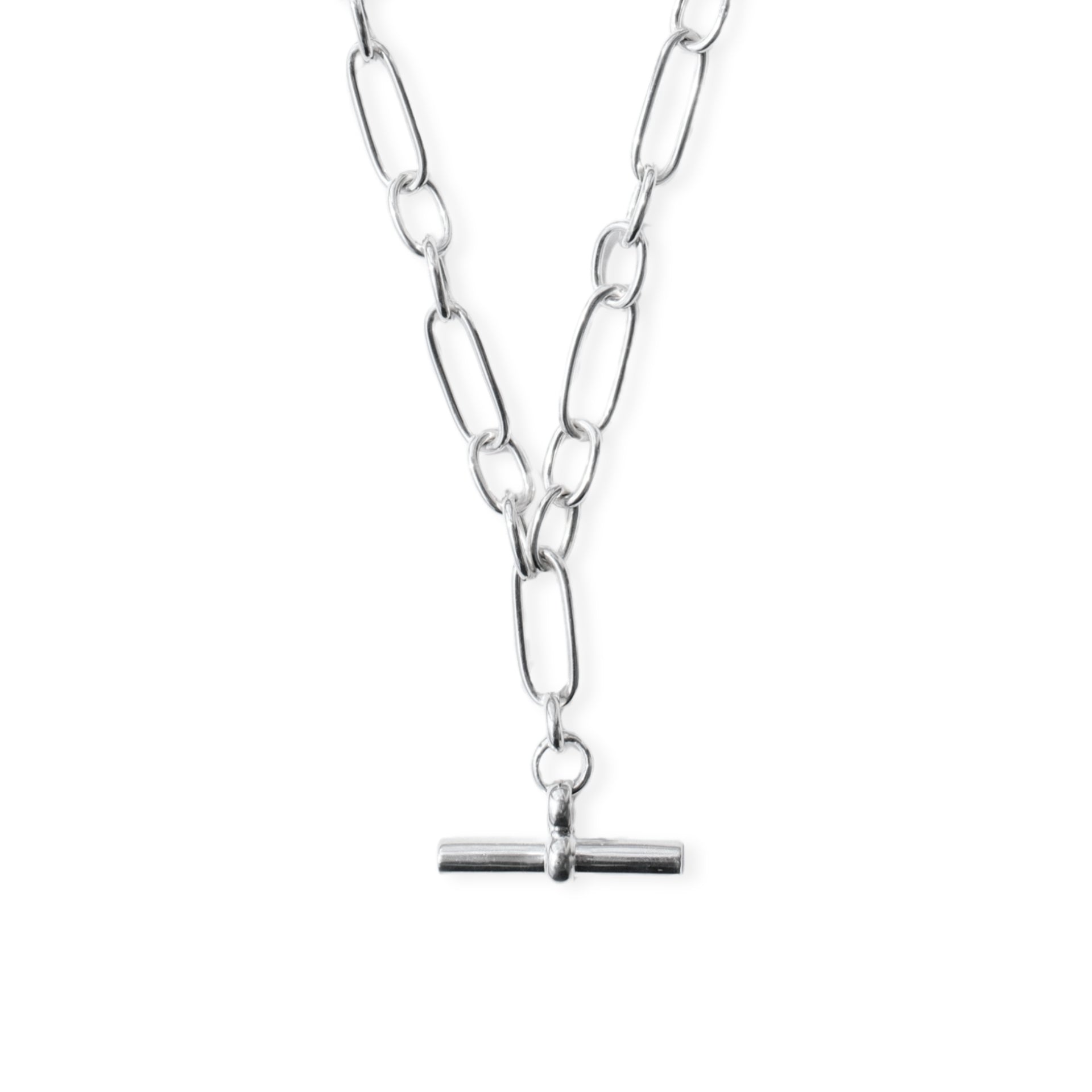 Sterling silver T-bar link chain necklace with chunky watch chain style links and solid silver T-bar fastening by Angel Rocks