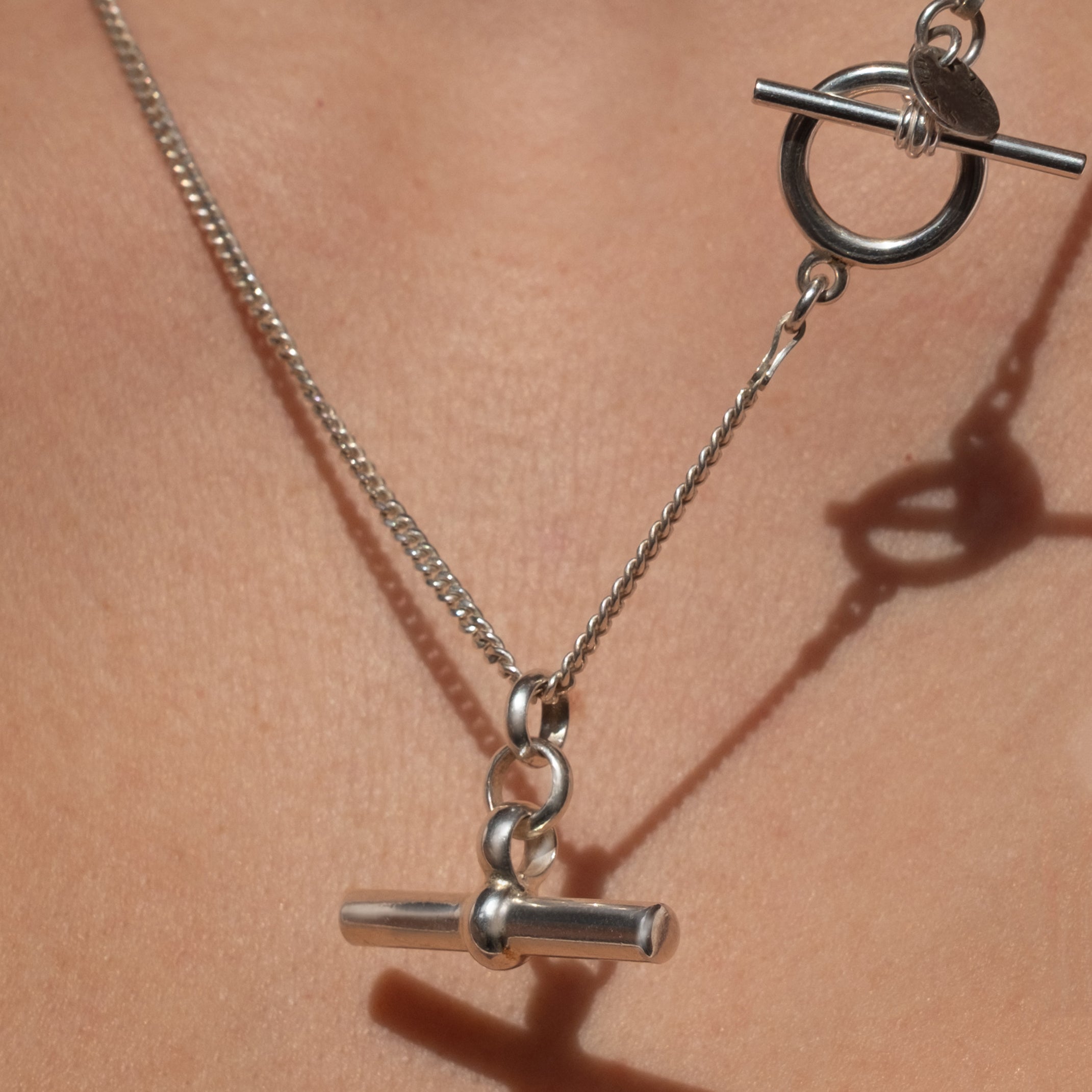 Sterling silver T-bar necklace on fine curb chain, classic statement jewellery by Angel Rocks