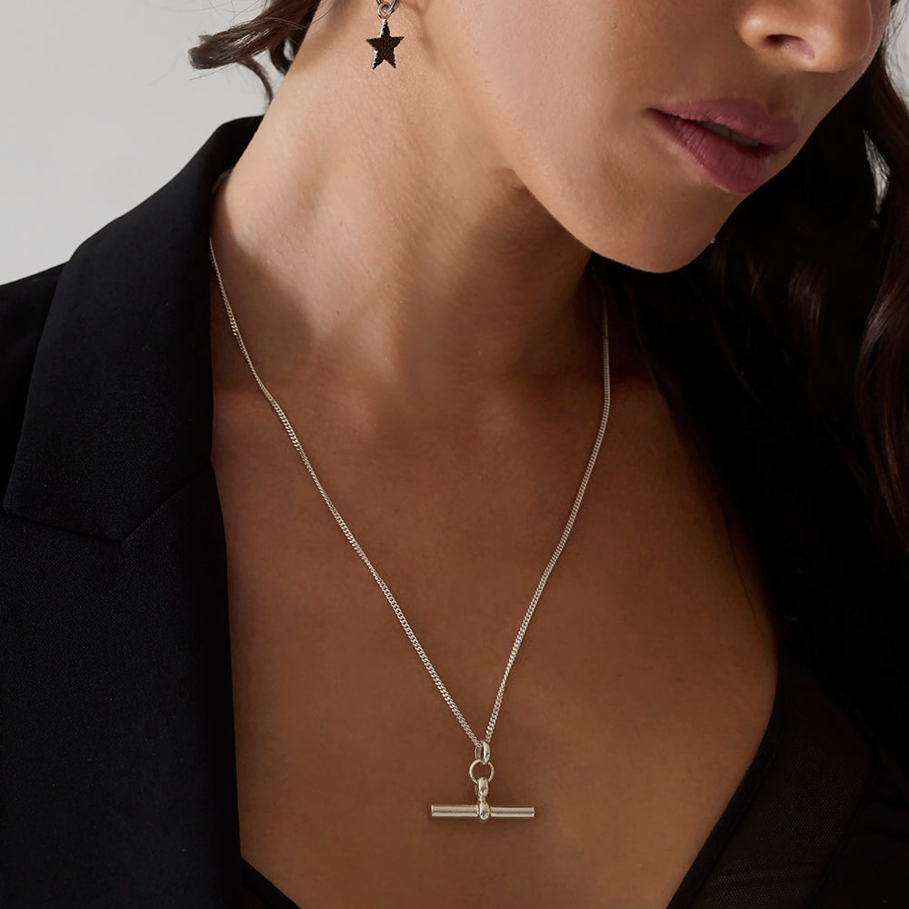 Sterling silver T-bar necklace on fine curb chain, classic statement jewellery by Angel Rocks