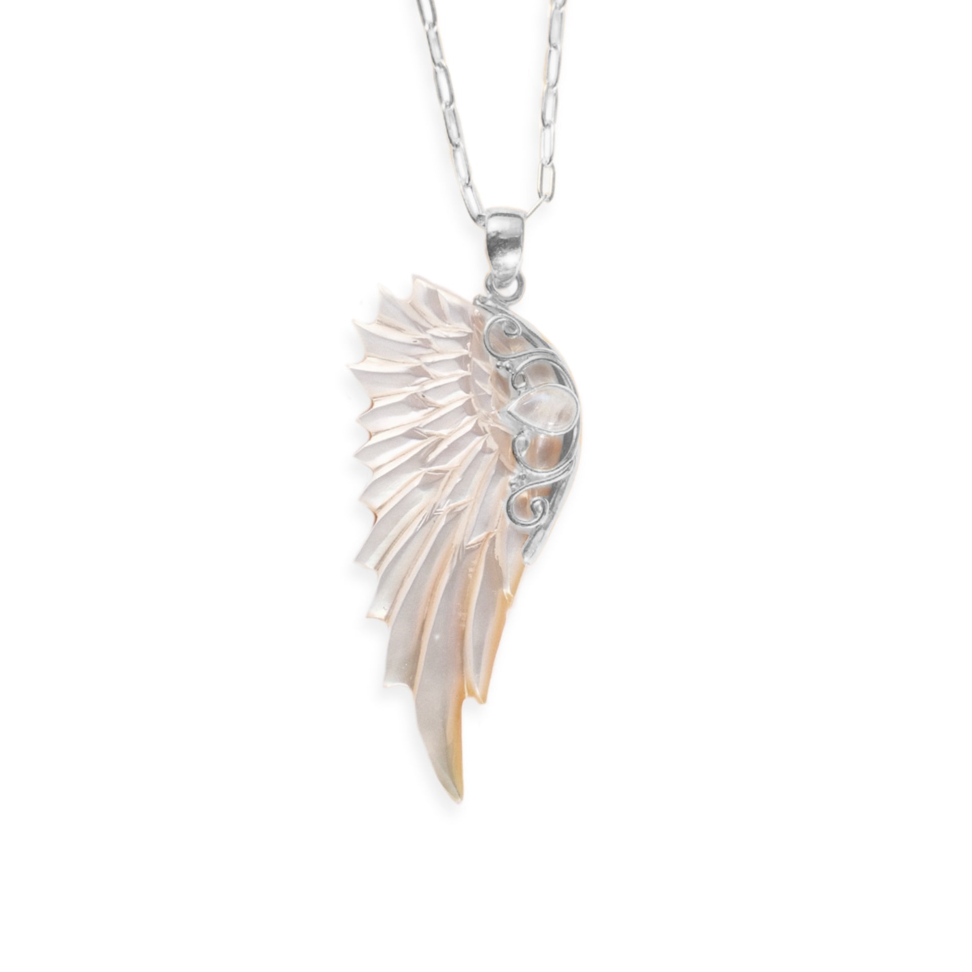 Sterling silver hand carved wing necklace with mother of pearl pendant and moonstone detail sterling silver chain, statement jewellery by Angel Rocks