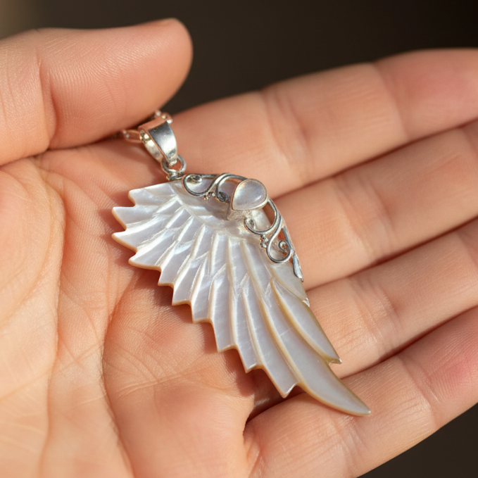Sterling silver hand carved wing necklace with mother of pearl pendant and moonstone detail sterling silver chain, statement jewellery by Angel Rocks
