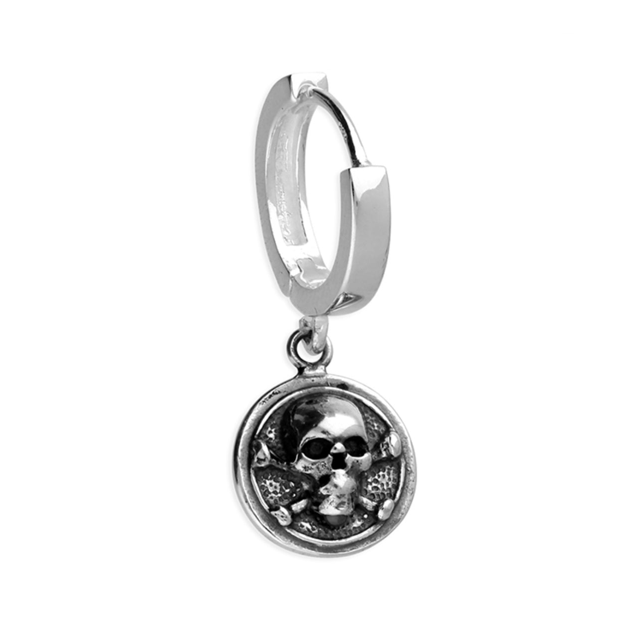 Sterling silver skull huggie hoop earring with chunky coin detail and hinged fastening, handmade rock n roll style by Angel Rocks