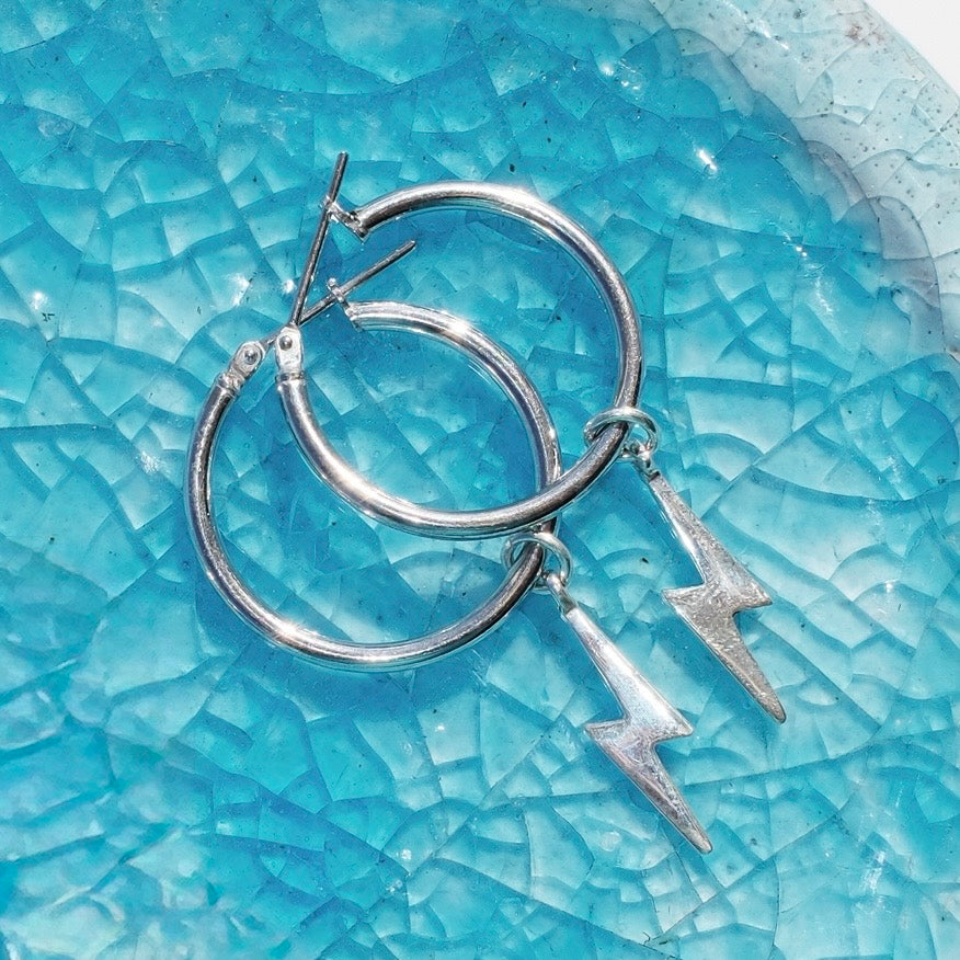 Sterling silver hoop earrings with detachable Bowie lightning bolt charms, statement hoop earrings by Angel Rocks