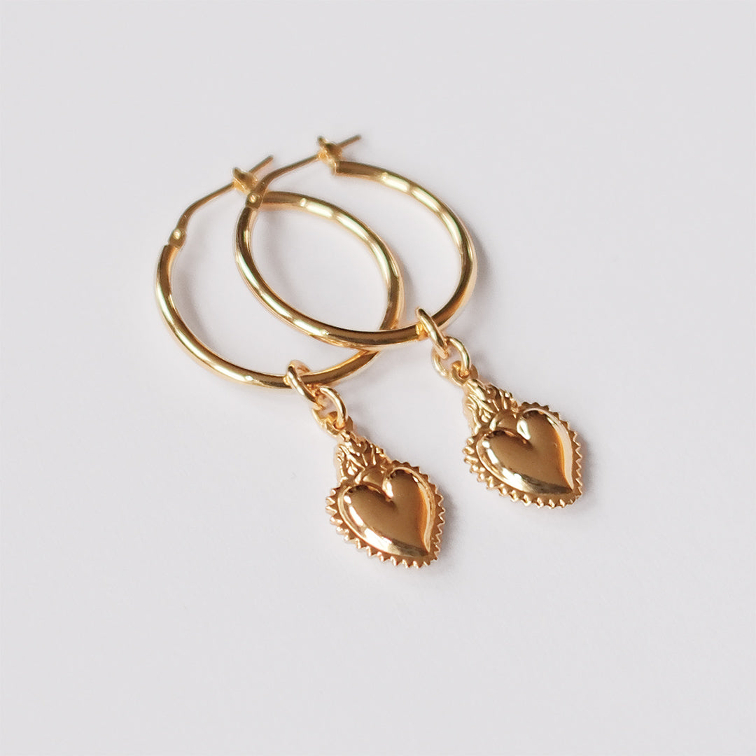 18kt gold plated sterling silver hoop earrings with detachable sacred heart charms, handmade oxidised finish for vintage style by Angel Rocks