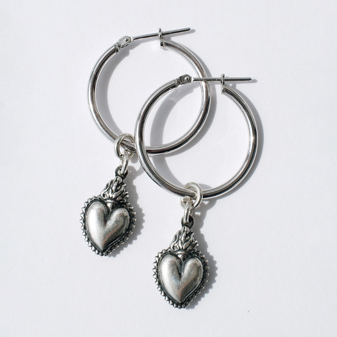 Sterling silver hoop earrings with detachable sacred heart charms, handmade oxidised finish for vintage style by Angel Rocks