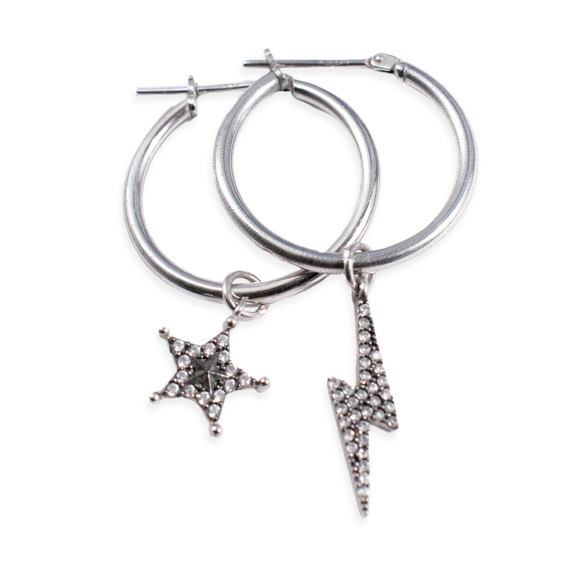 Sterling silver hoop earrings with detachable starburst and bolt charms set with clear diamantés in a vintage grey finish by Angel Rocks