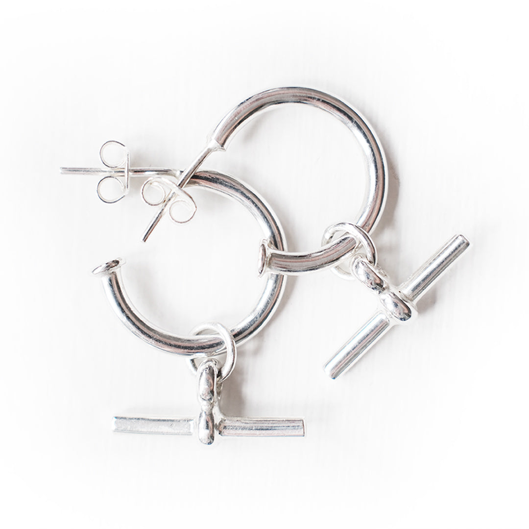 Sterling silver hoop earrings with T-bar drop detail, modern minimalist statement hoops by Angel Rocks