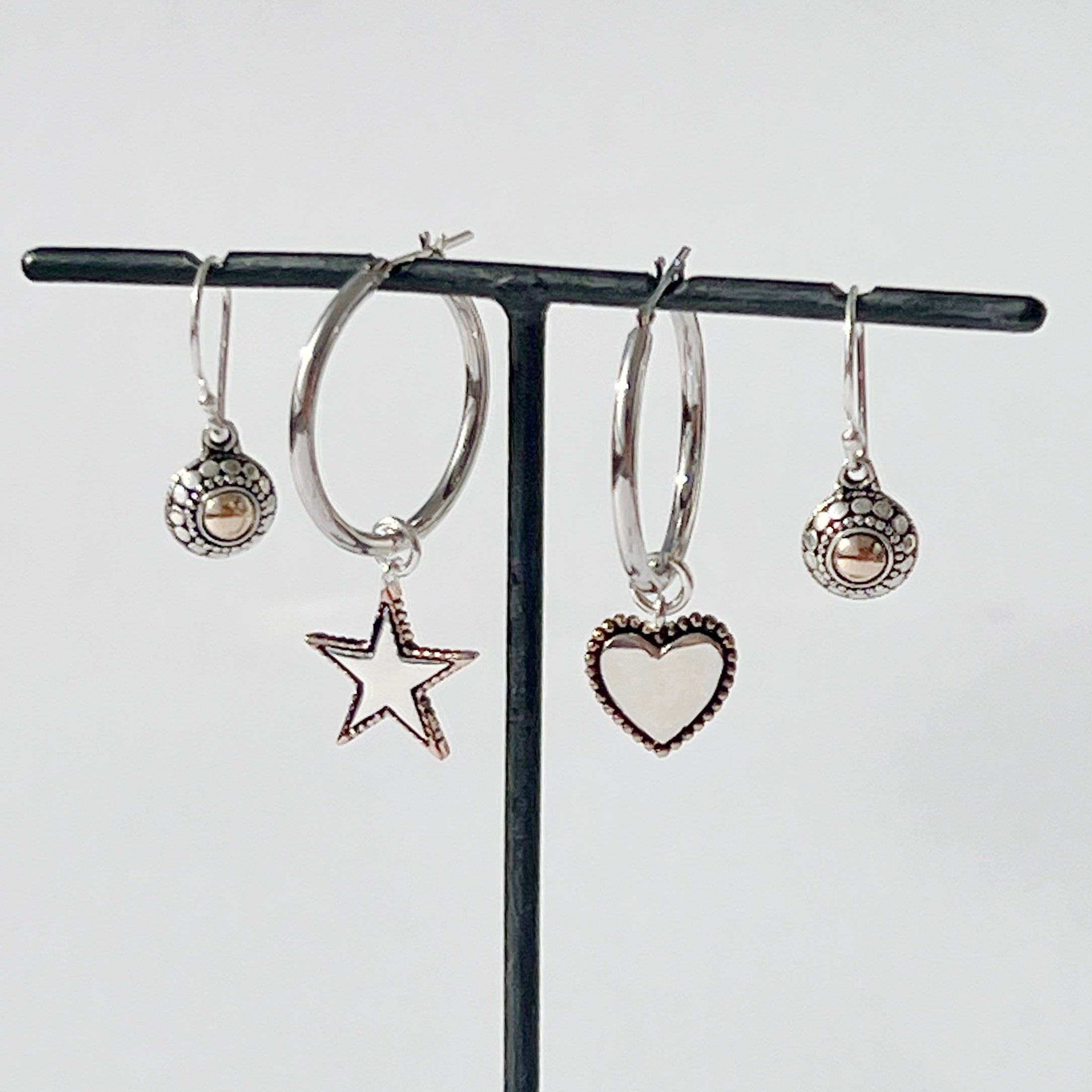 Sterling silver drop earrings with 18k rose gold dot detail, small delicate dangly earrings, Angel Rocks