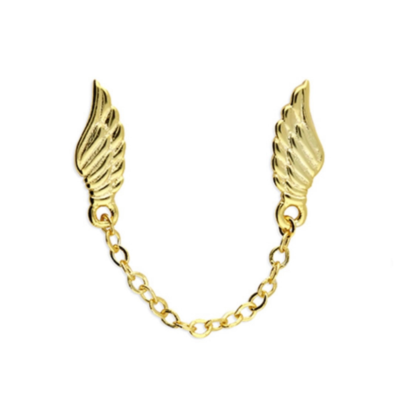 18kt gold plated sterling silver double wing chain stud earrings designed for multiple piercings with delicate connecting chain by Angel Rocks