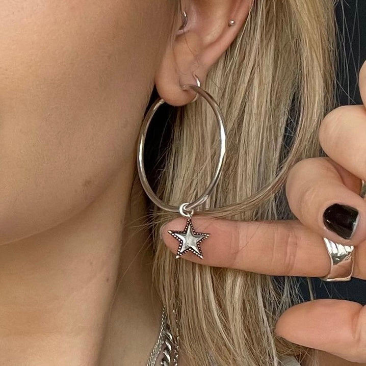 Large sterling silver hoop earrings with gold-edged star charm, statement jewellery, Angel Rocks