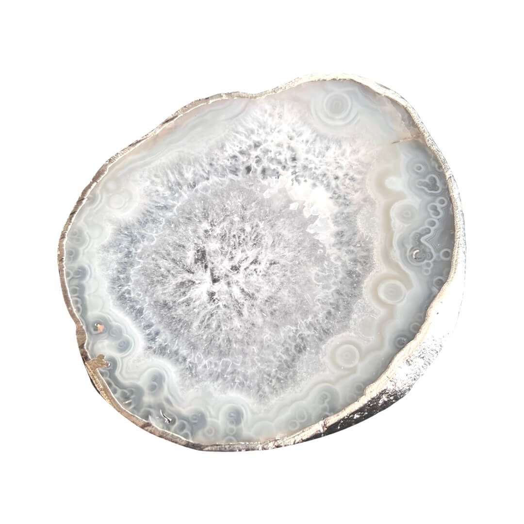 White agate, clear quartz crystal coaster with silver edge detail, used as candle stand or drinks mat by Angel Rocks