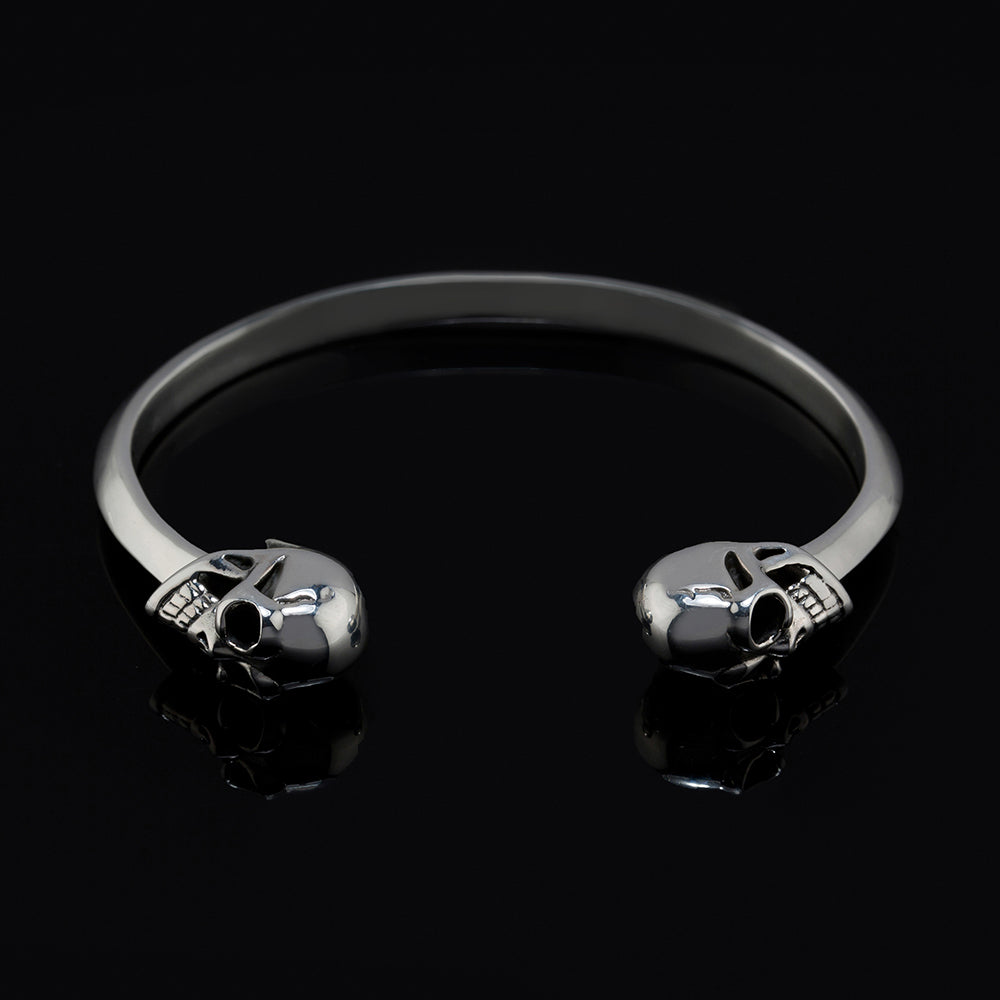 Large solid sterling silver skull bangle bracelet, adjustable statement wrist cuff by Angel Rocks