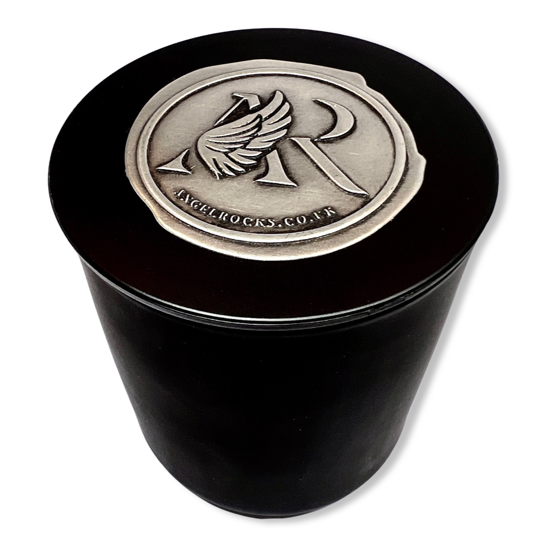 Medium black glass “This Girl Rocks” scented candle with moonstone crystal, wild lemongrass jasmine and lime fragrance by Angel Rocks