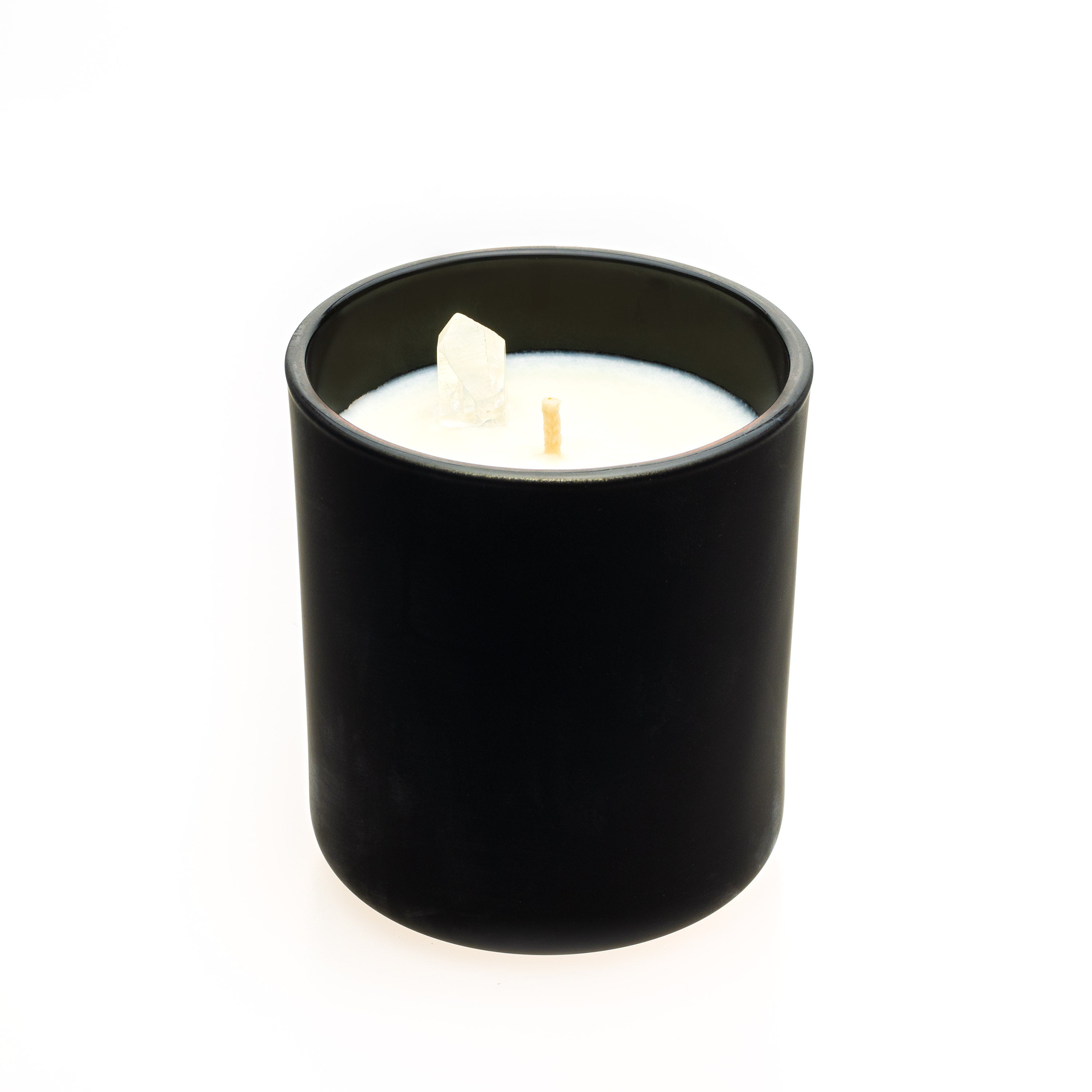 Medium black glass “This Girl Rocks” scented candle with moonstone crystal, wild lemongrass jasmine and lime fragrance by Angel Rocks
